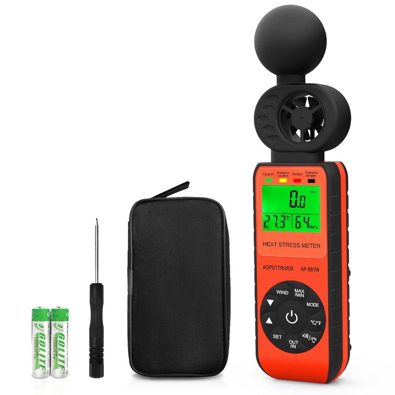 AOPUTTRIVER Heat Stress Meter Anemometer, Wet Bulb Globe Heat Stress Meter LCD Display WBGT Alarms Monitoring for Indoor & Outdoor Use-Temperature Humidity Meter Orange - Image 1
